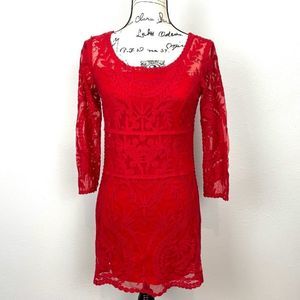 Express XS Red Crochet Lace Lined 3/4 Sleeve Dress Floral Formal Wedding
